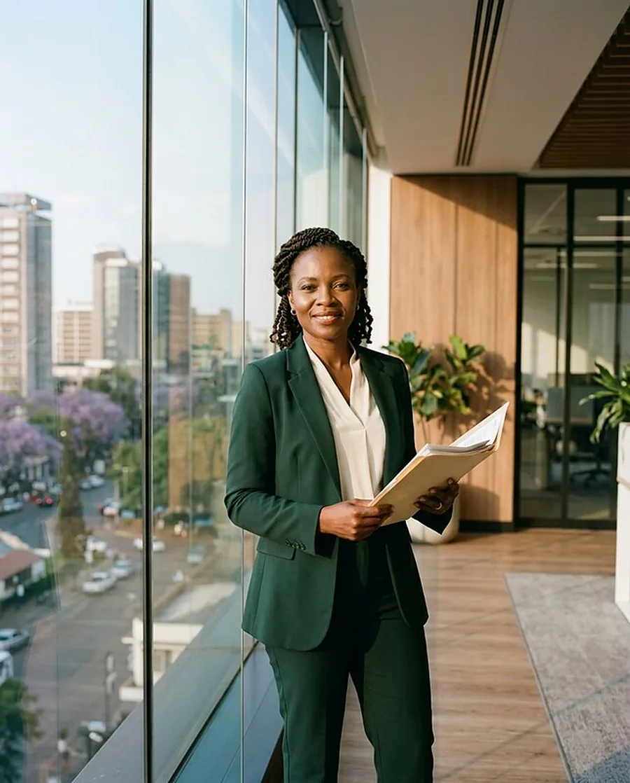 A Zimbabwean professional holding project documents in a Harare office
