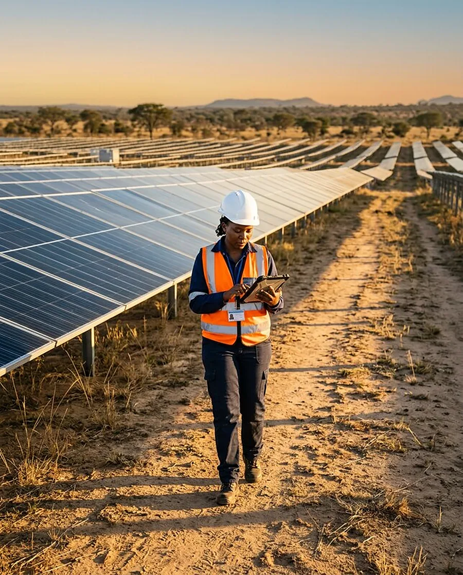 An engineer with a tablet walking between rows of solar panels